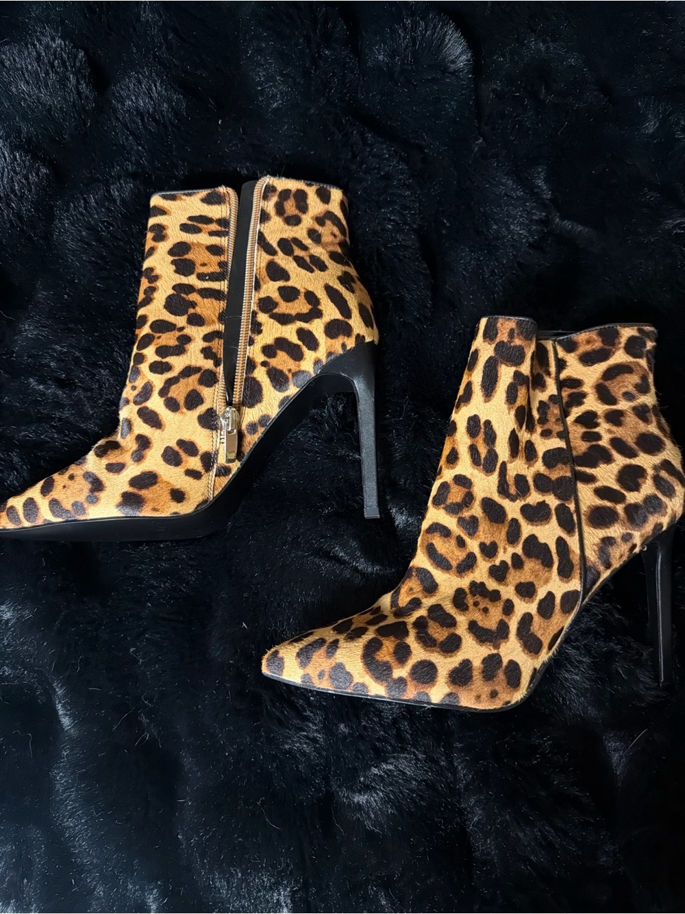 Nine West Leopard Print Pointed Toe Stiletto Ankle Boots - Tan/Black